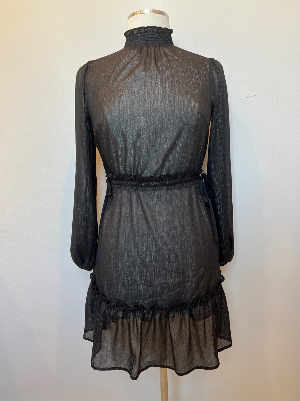 LOFT Black Long-Sleeve Ruffle Dress With Metallic Silver Threading